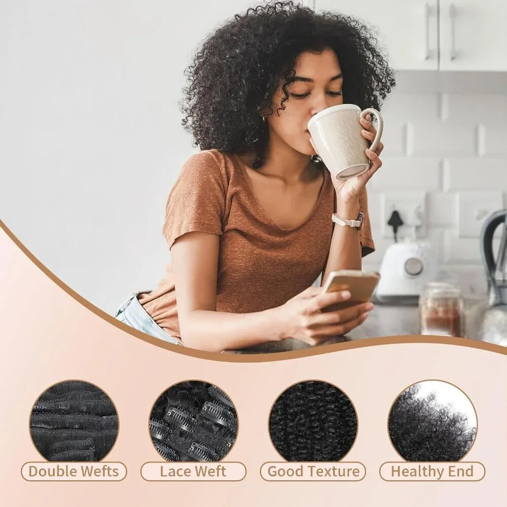 Human Hair Clip Ins Afro Kinky Curly 14 Inch 8pcs Natural Black Perfect for Blac